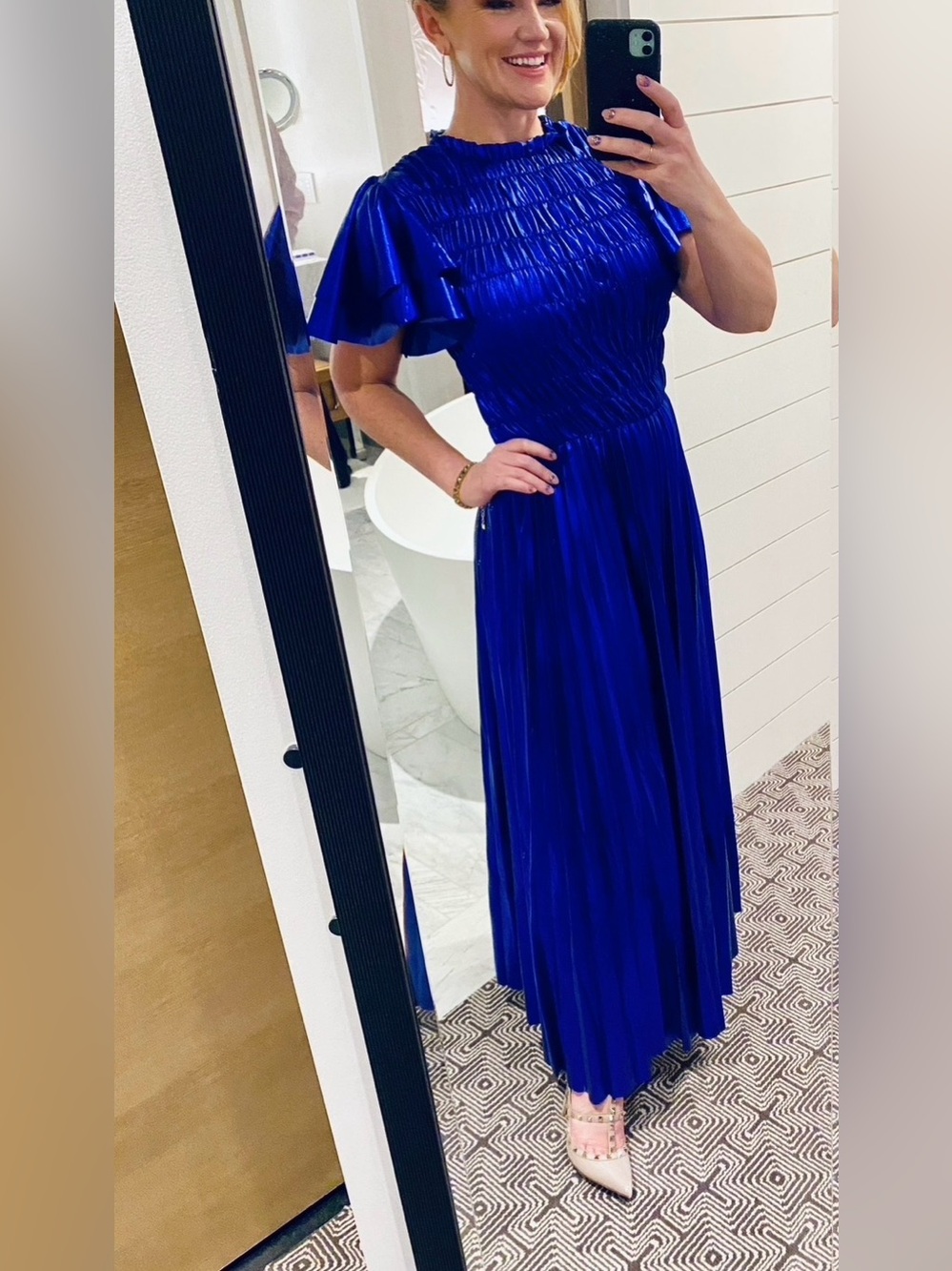 Satin Royal Blue Maxi Dress with Smocked Bodice